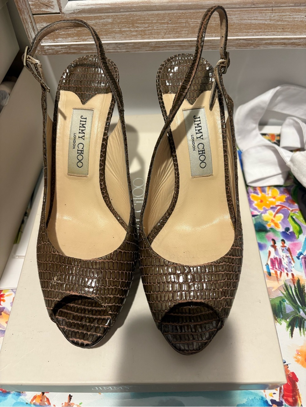 Jimmy Choo Brown Croc-Embossed Peep-Toe Slingbacks